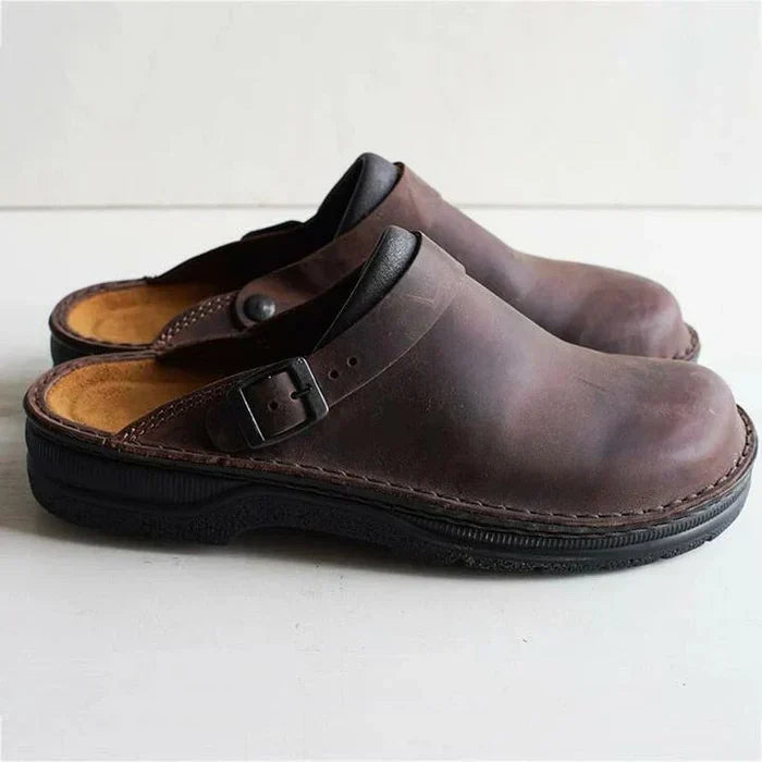 Leather Slip-On Clogs with Cushioned Insole and Durable Rubber Outsole, Breathable Lining