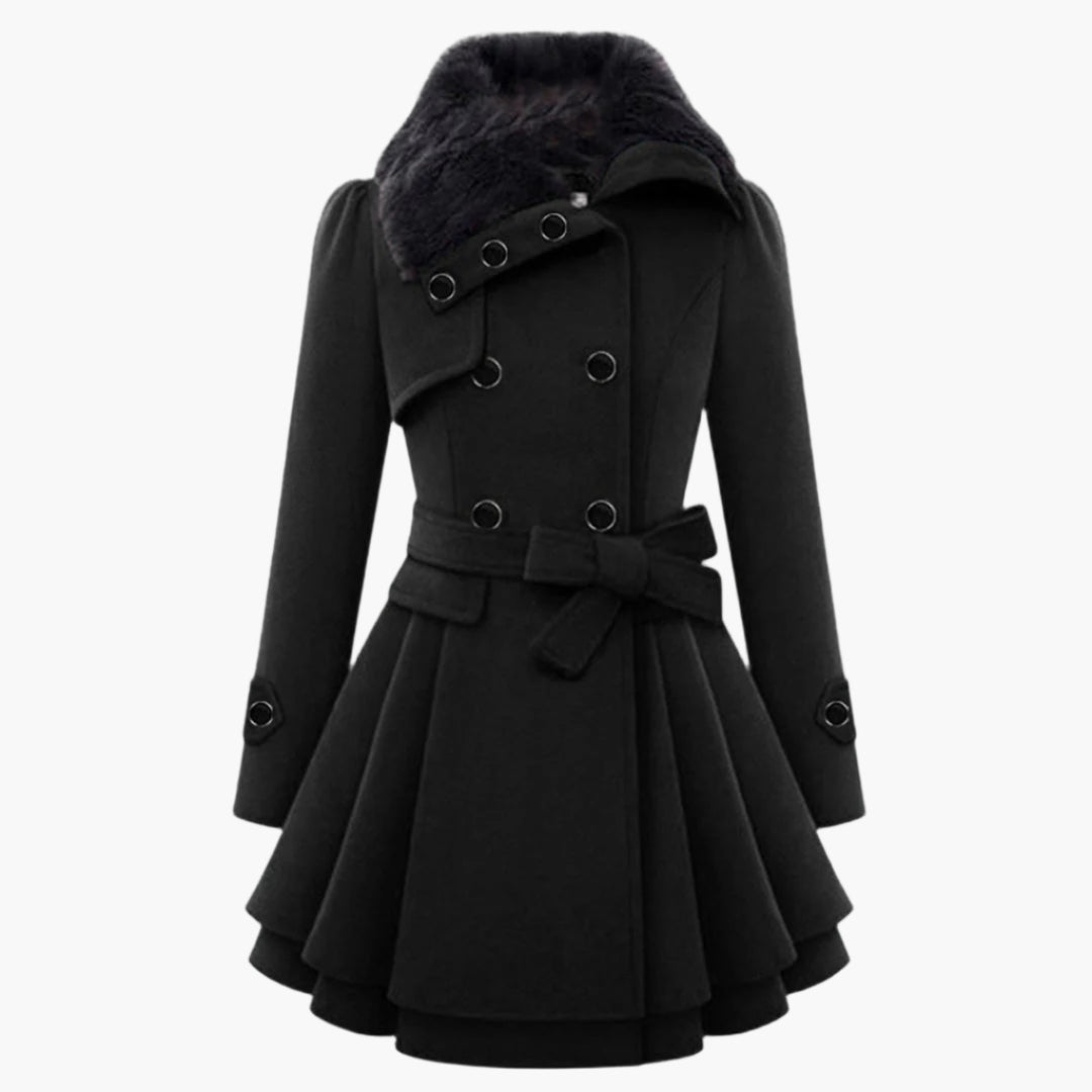 Women's Short Dress Coat with Faux Fur Collar and Adjustable Waist Tie