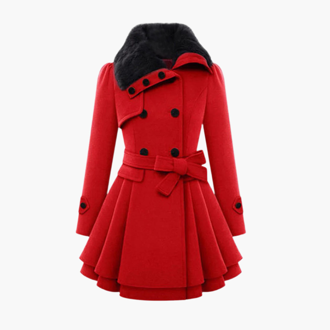 Women's Short Dress Coat with Faux Fur Collar and Adjustable Waist Tie