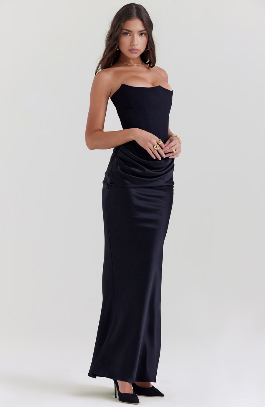 Strapless Corset Maxi Dress with Bodycon Silhouette and Floor-Length Design