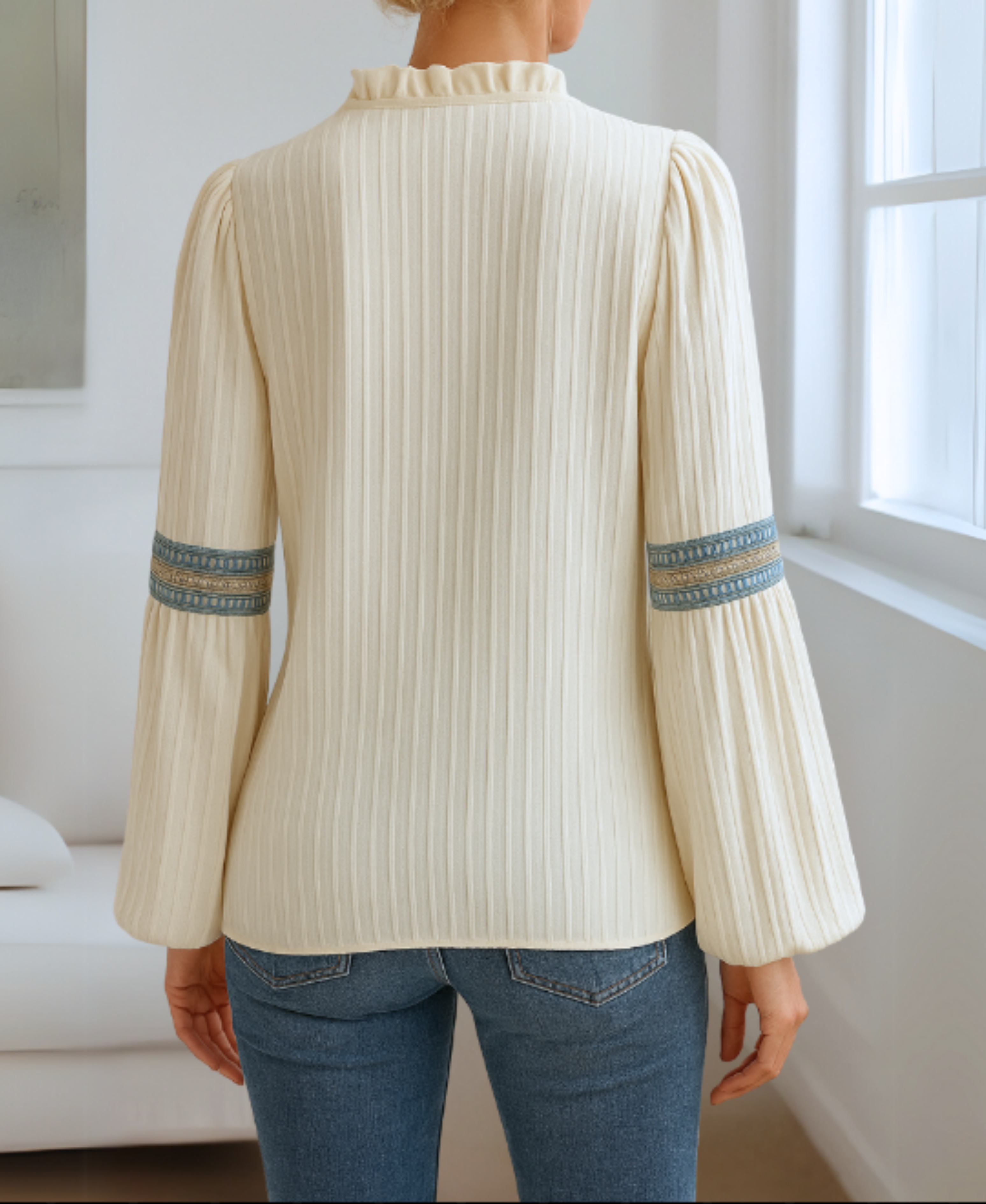 Women's Cotton Blend V-Neck Blouse with Pleated Shoulders and Relaxed Fit