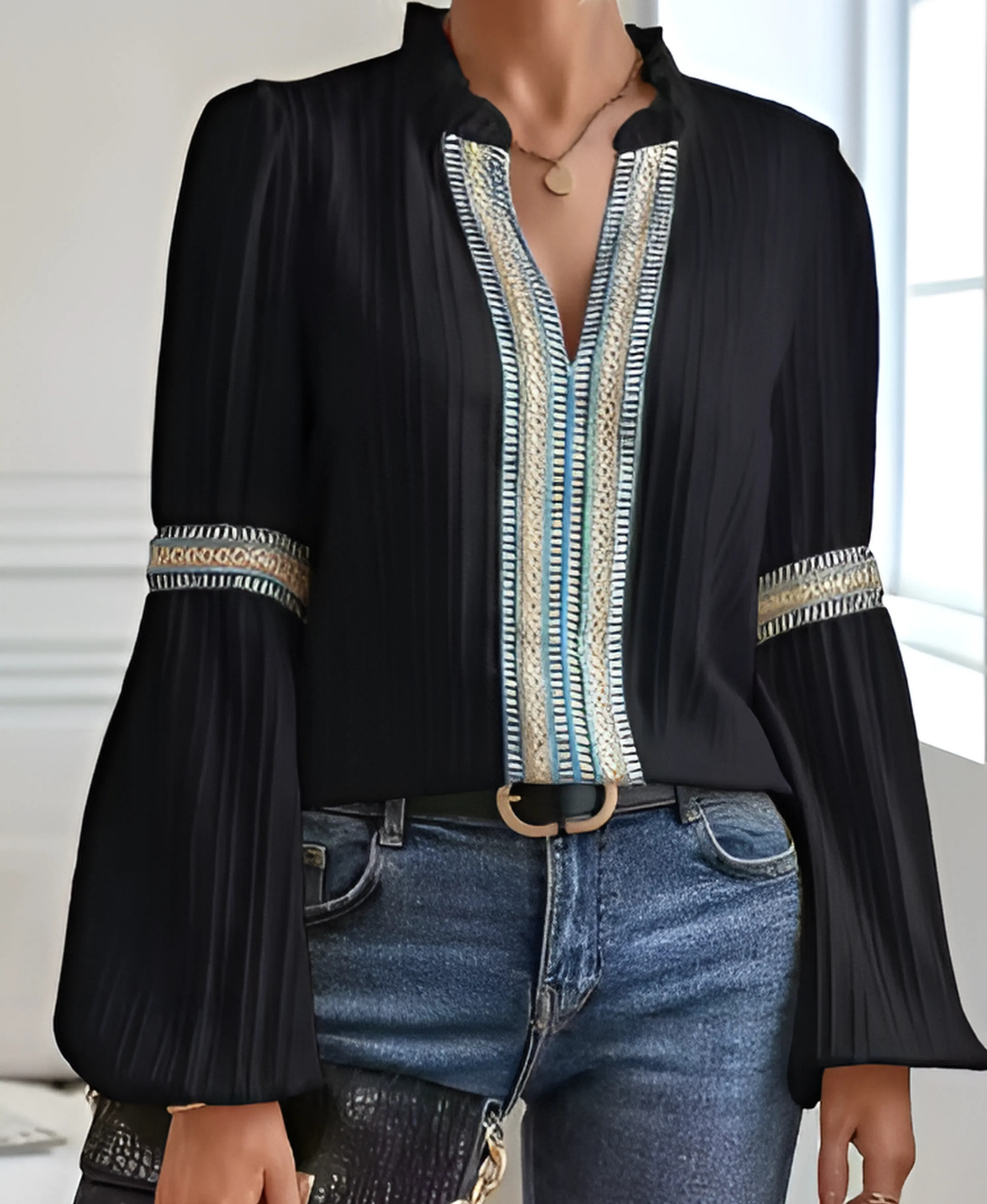 Women's Cotton Blend V-Neck Blouse with Pleated Shoulders and Relaxed Fit