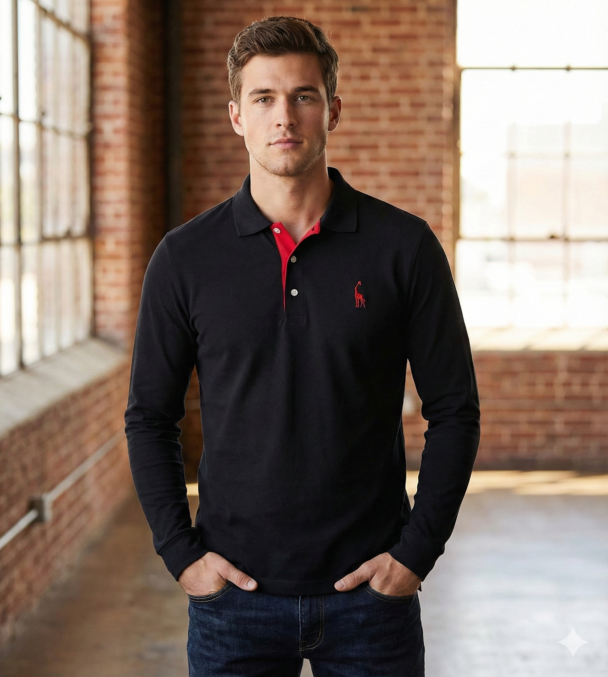 Men's Long Sleeve Polo Shirt with Slim Fit and Button Placket, Machine Washable