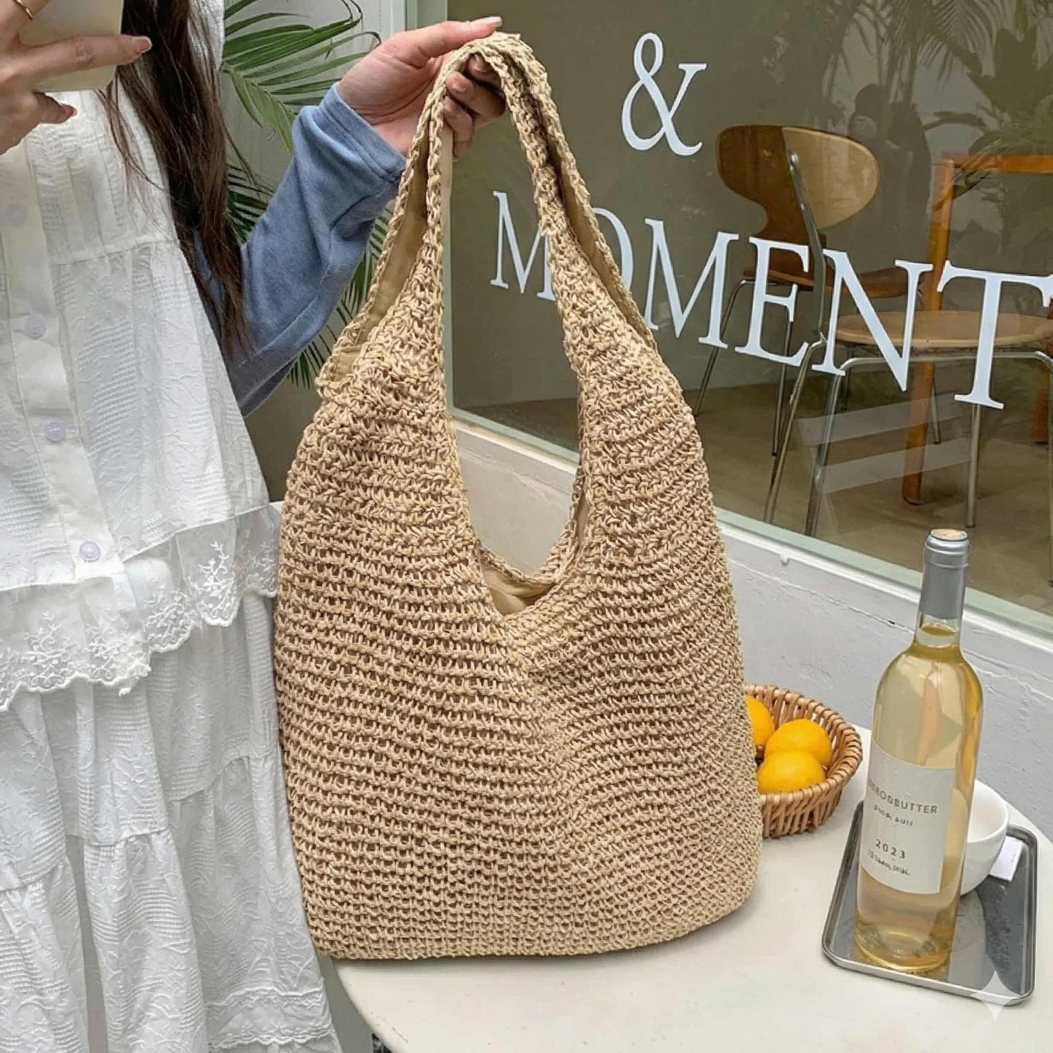 Woven Tote for Women with Curved Silhouette and Long Shoulder Strap, 14 x 5 x 11 in