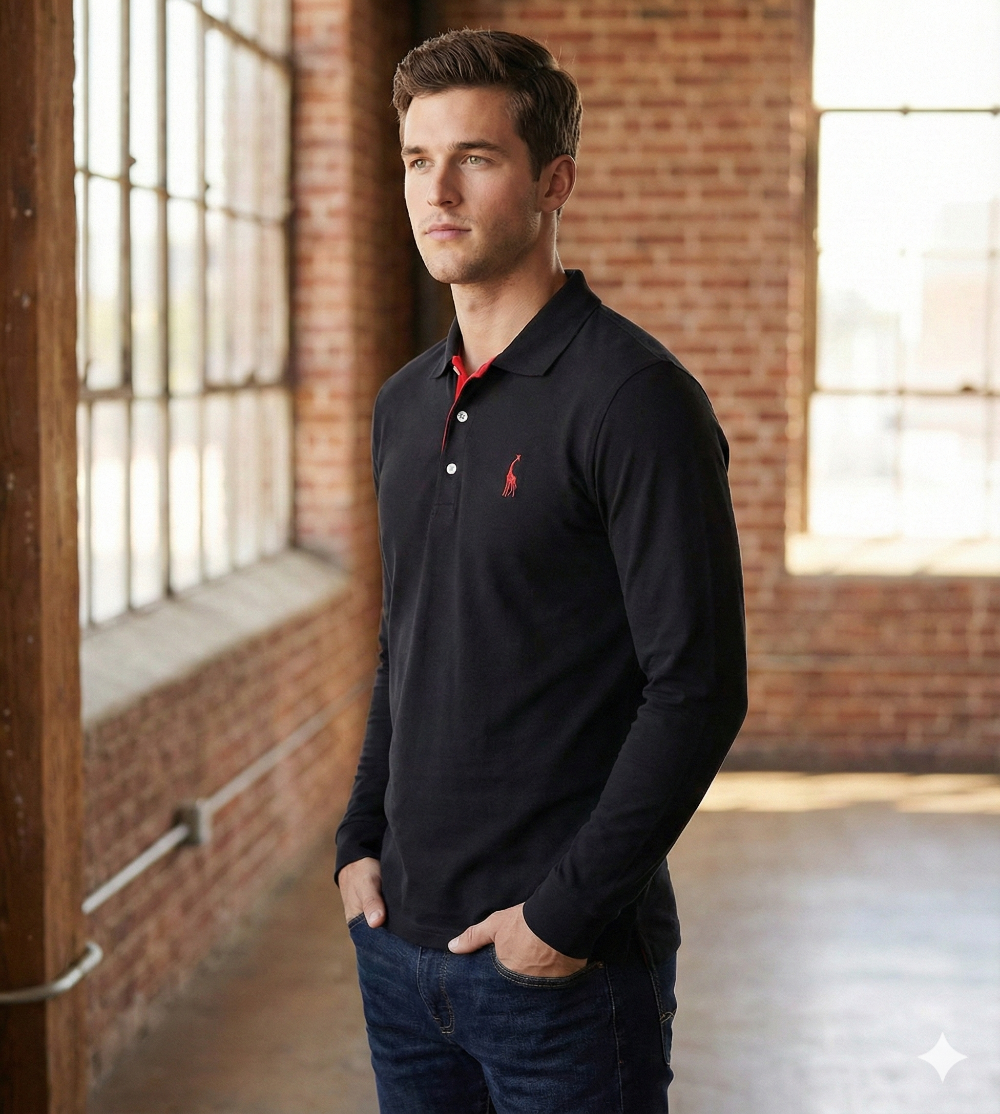 Men's Long Sleeve Polo Shirt with Slim Fit and Button Placket, Machine Washable