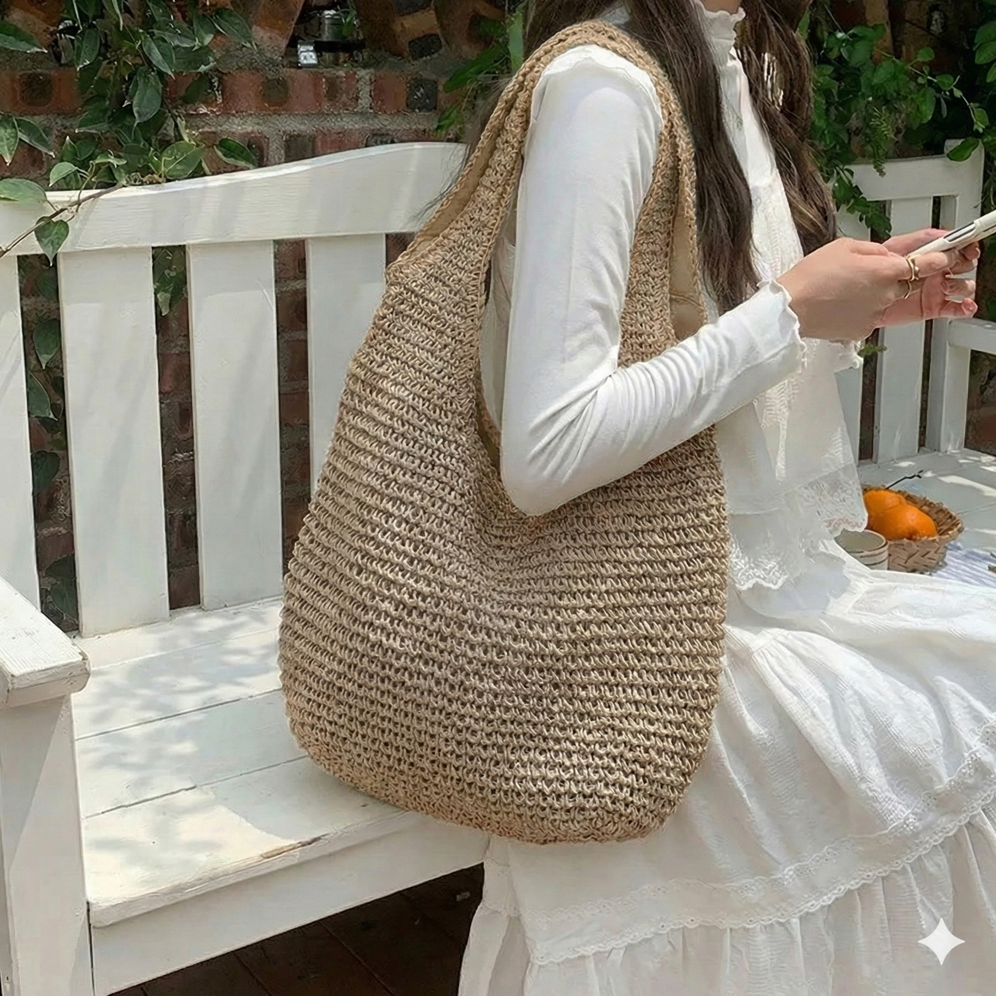Woven Tote for Women with Curved Silhouette and Long Shoulder Strap, 14 x 5 x 11 in