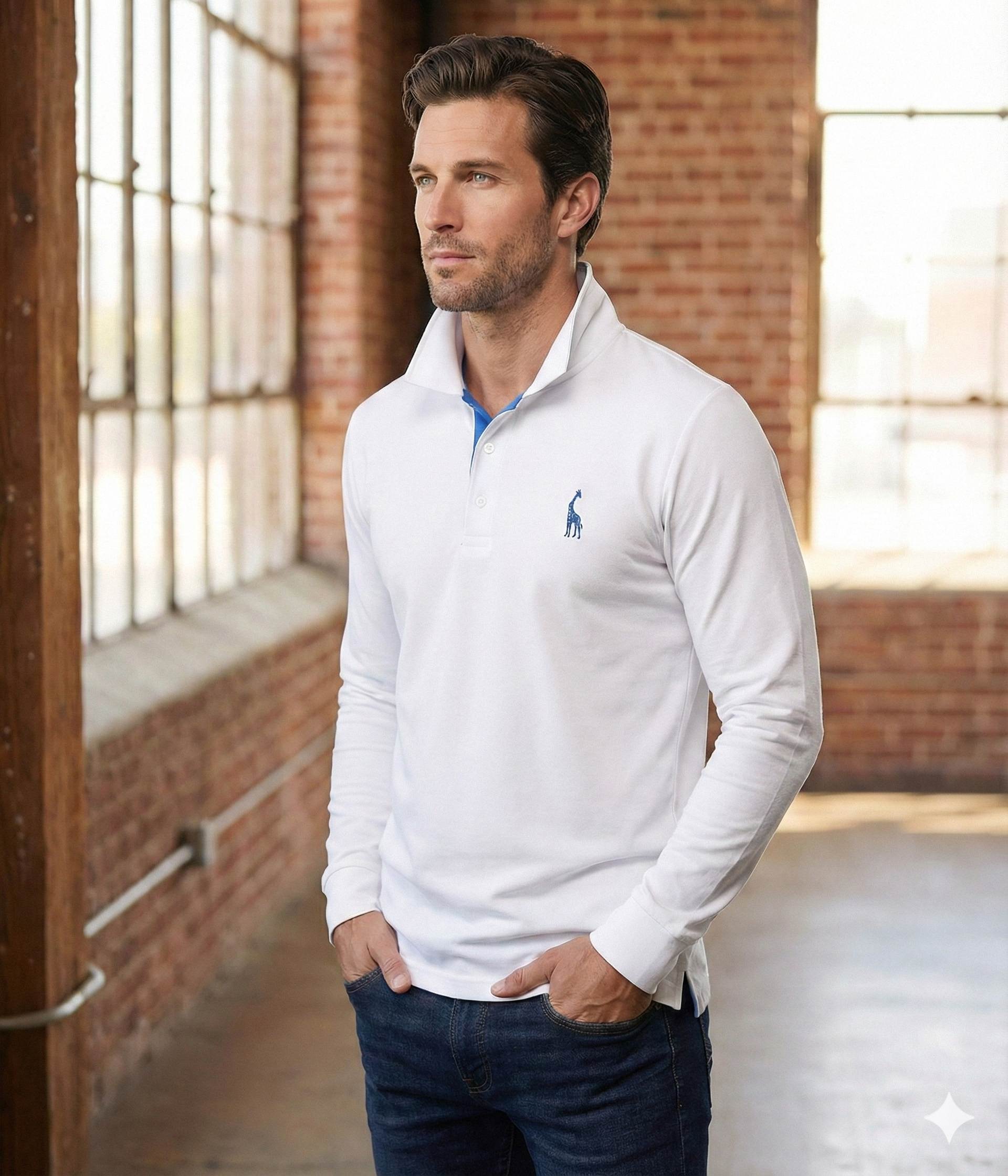 Men's Long Sleeve Polo Shirt with Slim Fit and Button Placket, Machine Washable