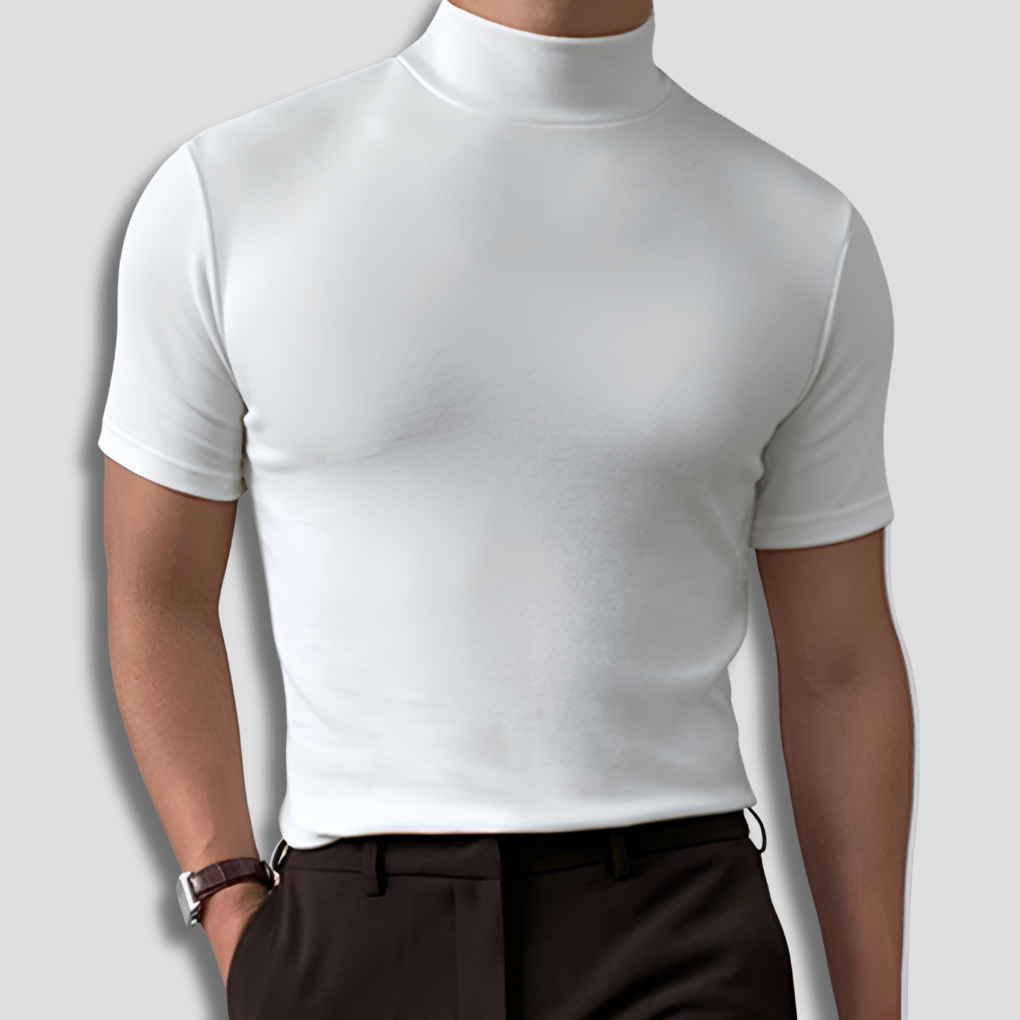 Men's Short Sleeve Turtleneck with Twill Weave and Pull-On Design