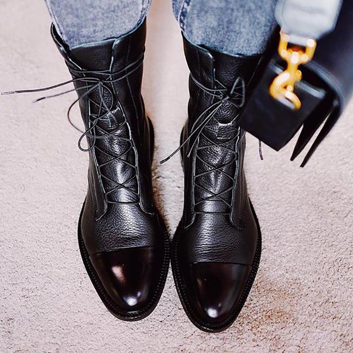 Women's Leather Ankle Boots with Lace-Up Fastening and Removable Insole