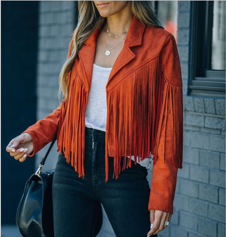 Women's Suede Moto Jacket with Fringe and Tailored Cut, Front Zip