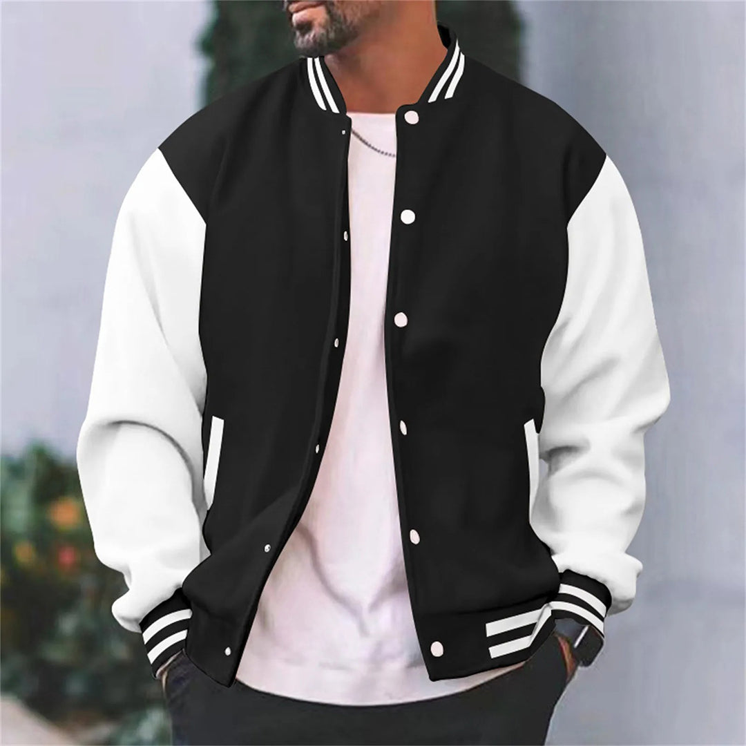 Men's Varsity Jacket with Metal Snap Front and Ribbed Trims, Relaxed Fit