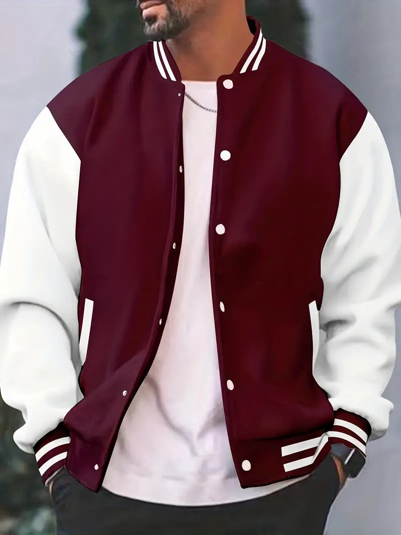 Men's Varsity Jacket with Metal Snap Front and Ribbed Trims, Relaxed Fit
