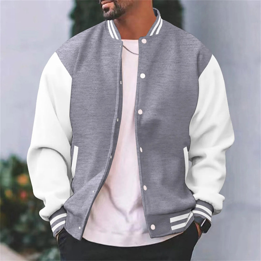 Men's Varsity Jacket with Metal Snap Front and Ribbed Trims, Relaxed Fit