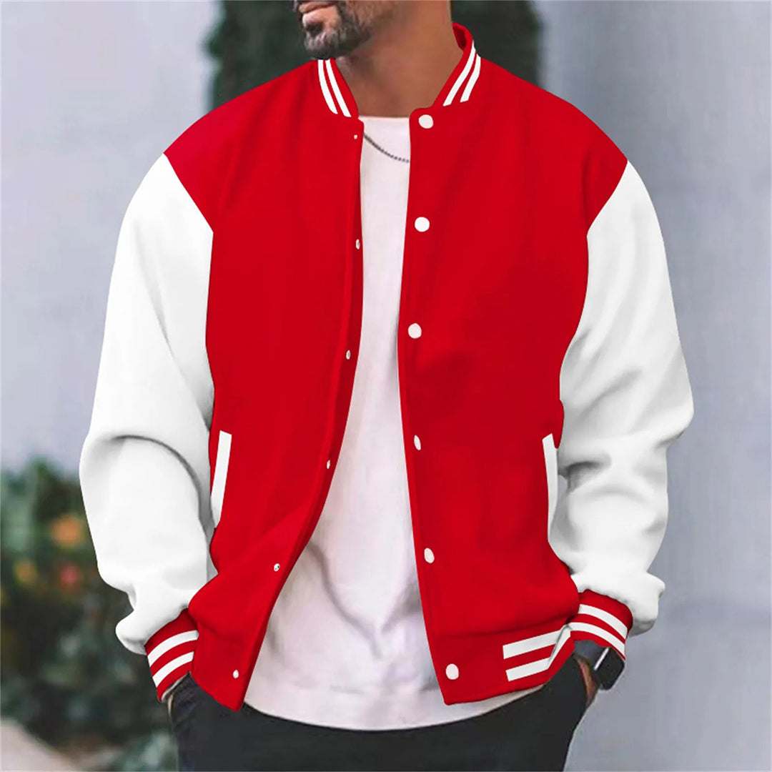 Men's Varsity Jacket with Metal Snap Front and Ribbed Trims, Relaxed Fit