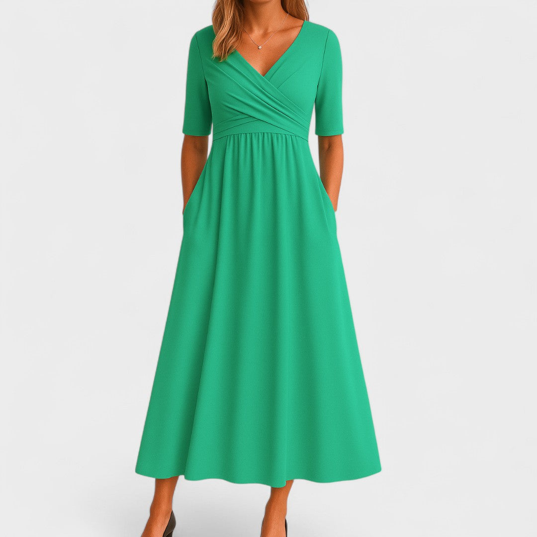 Women's V-Neck Midi Dress with Breathable Stretch Fabric and Tailored Fit