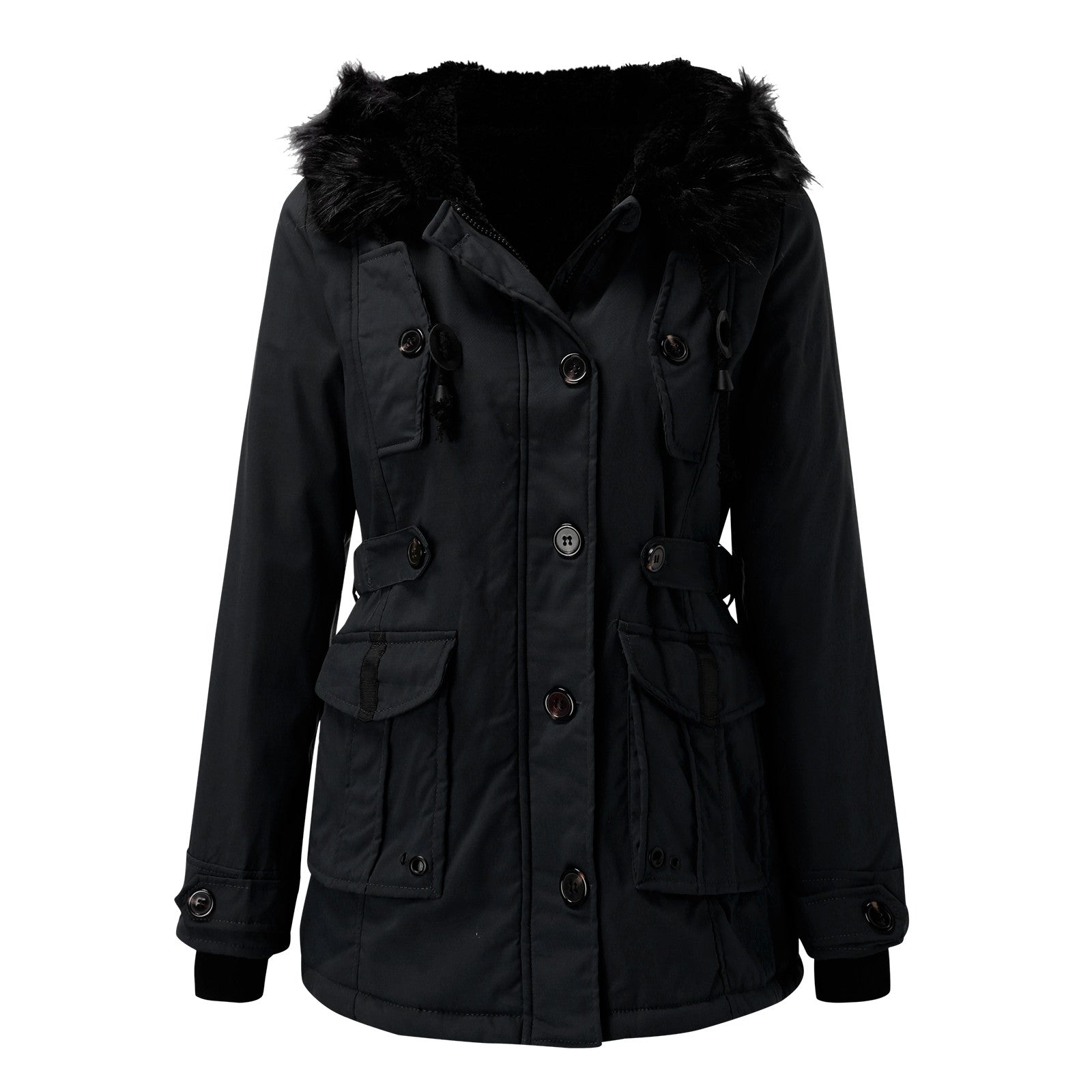 Women's Hooded Winter Coat with Faux Fur Hood Trim and Tailored Fit, Light Thermal Fill