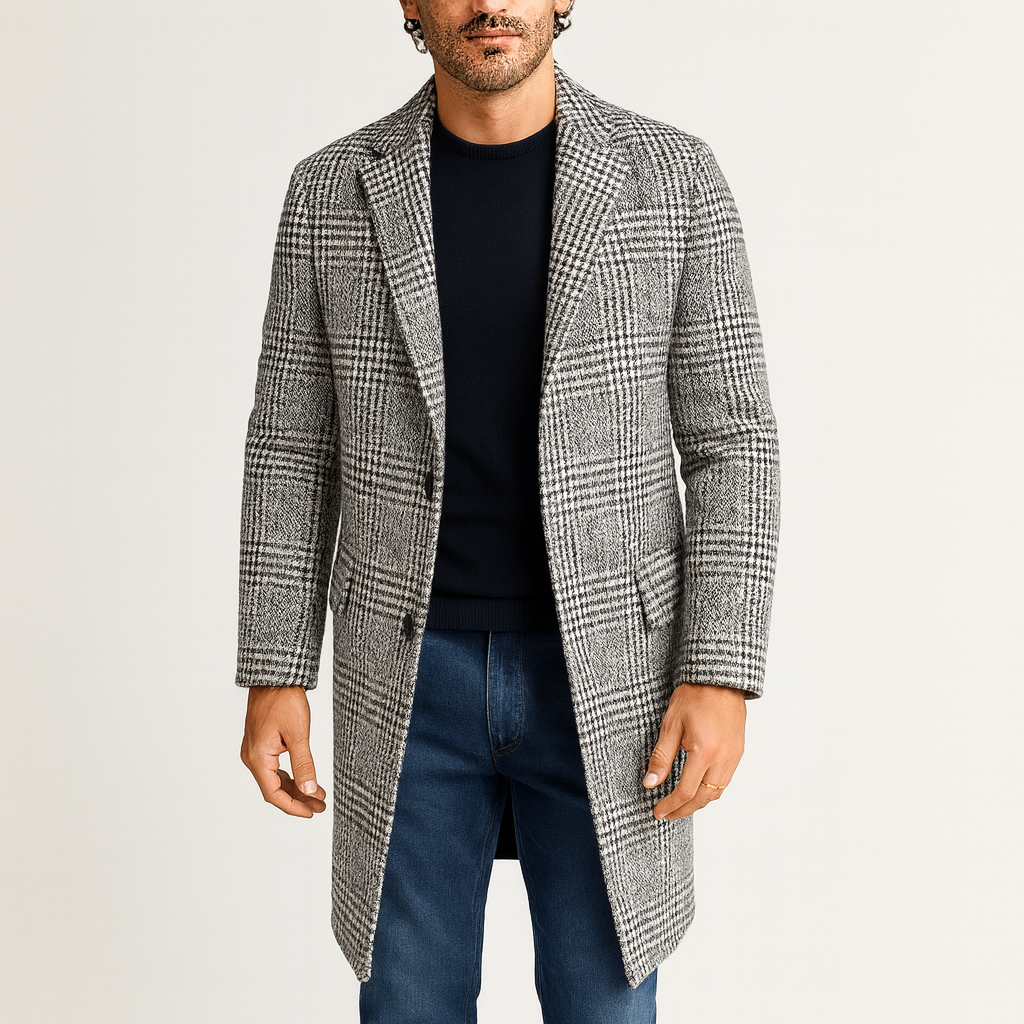 Luminovi | Checked Wool Blend Tailored Overcoat-Overcoats