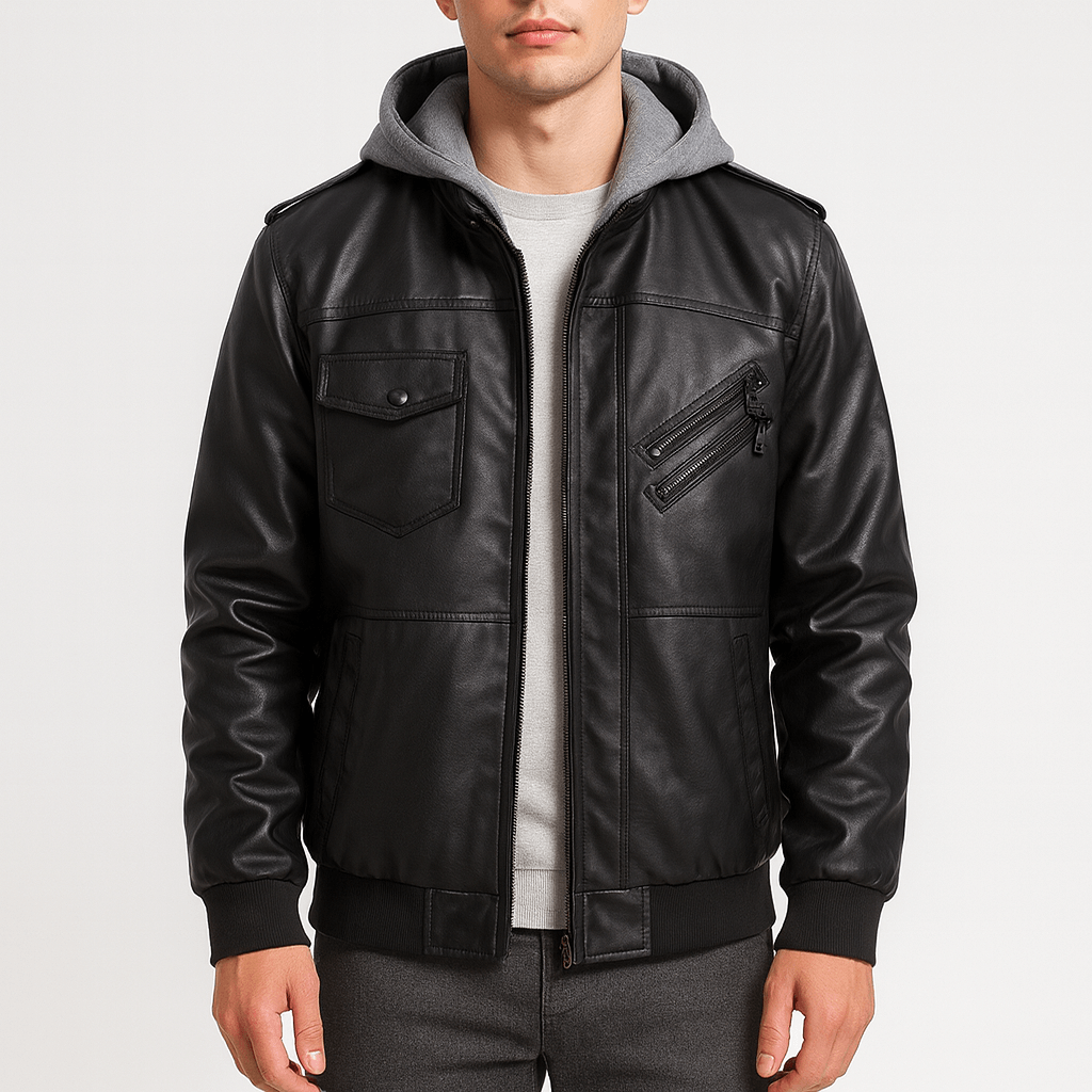 Luminovi | Faux Leather Bomber Jacket-Jacket