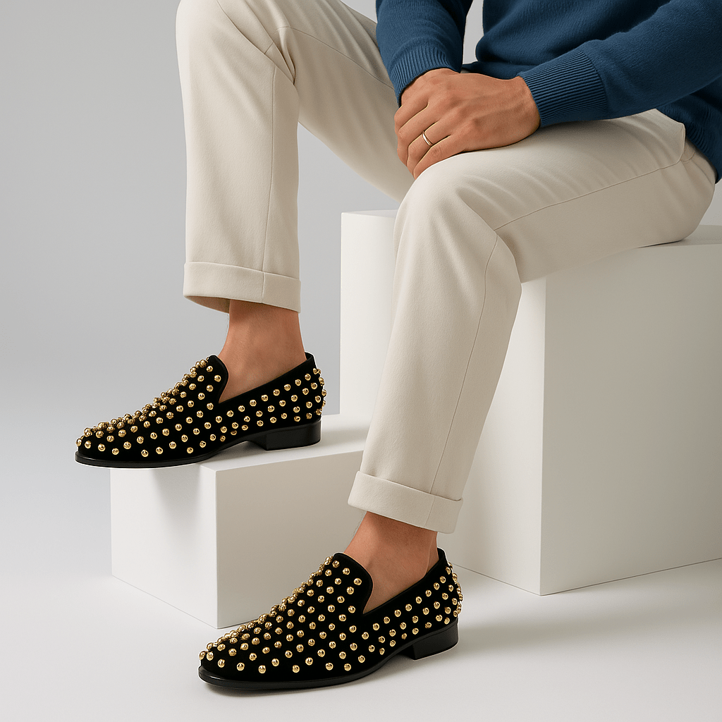 Luminovi | Gold Studded Leather Loafers