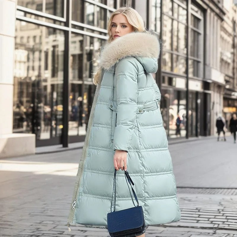 Women's Long Puffer Coat with High Collar and Quilted Fill, Full-Length Zipper