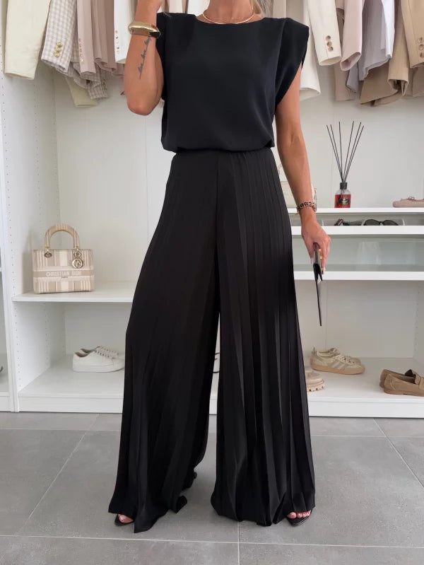 Women's Pleated Trousers Set with Soft Breathable Knit and Relaxed Tailored Fit, Machine Washable