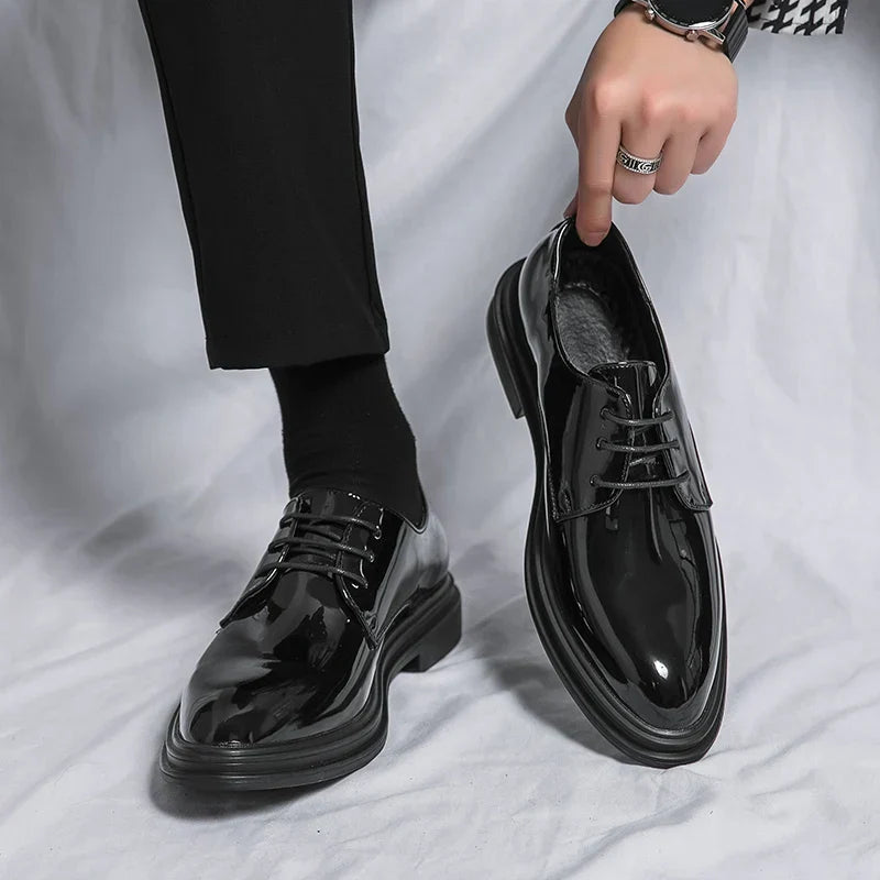 Men's Derby Dress Shoes with High-Gloss Patent Finish and Cushioned Insole, All-Season