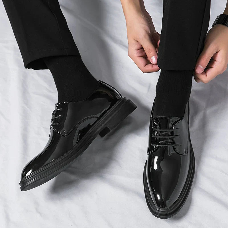 Men's Derby Dress Shoes with High-Gloss Patent Finish and Cushioned Insole, All-Season