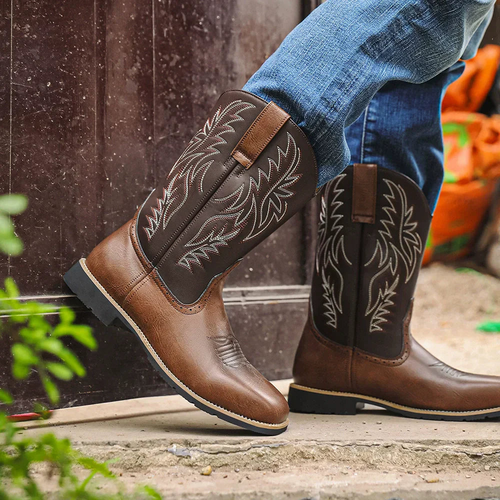 Cowboy Boots for Men with Flame Stitch and Tall Pull on Shaft, Traction Outsole