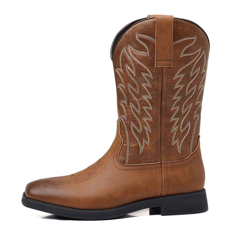 Cowboy Boots for Men with Flame Stitch and Tall Pull on Shaft, Traction Outsole