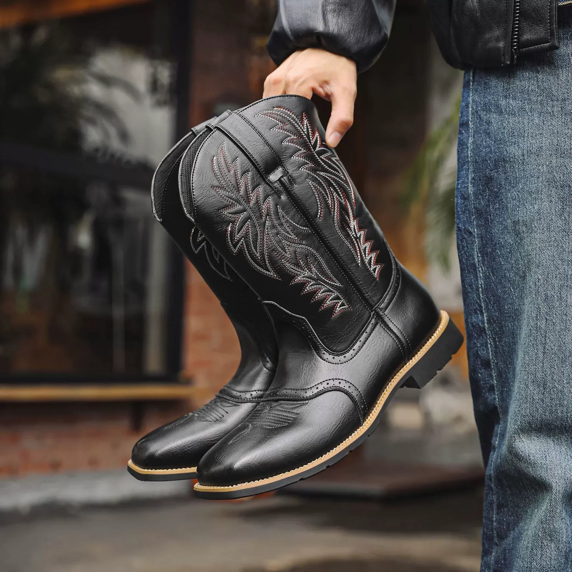Cowboy Boots for Men with Flame Stitch and Tall Pull on Shaft, Traction Outsole