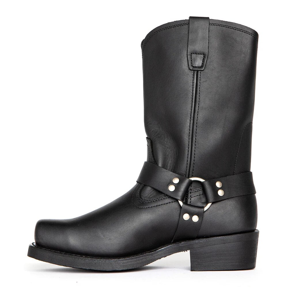 Men's Cowboy Boots with Harness Strap and Mid-Calf Shaft, Full-Grain Leather