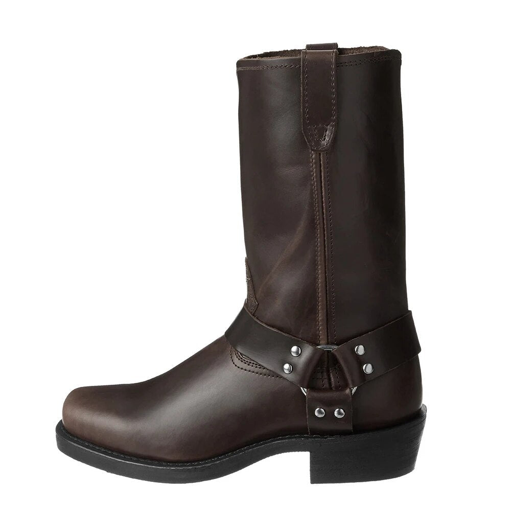 Men's Cowboy Boots with Harness Strap and Mid-Calf Shaft, Full-Grain Leather
