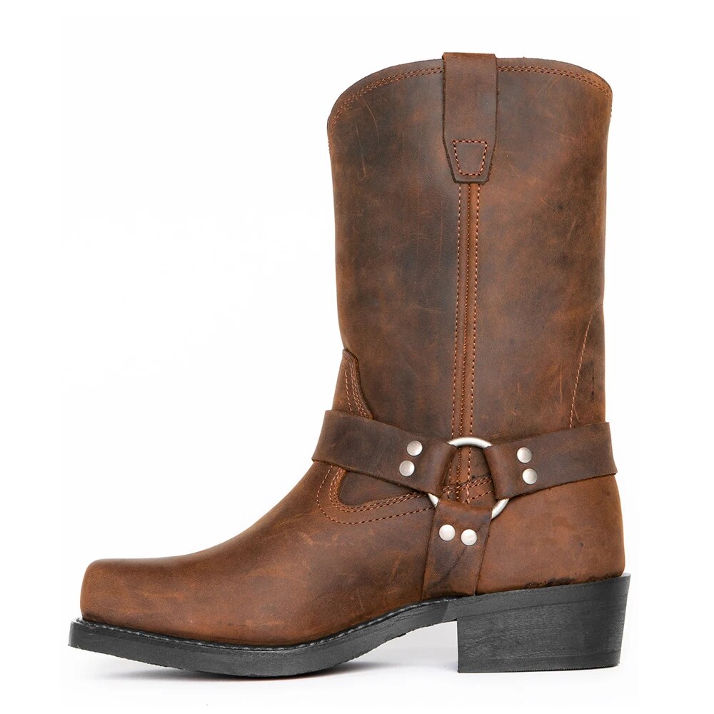 Men's Cowboy Boots with Harness Strap and Mid-Calf Shaft, Full-Grain Leather
