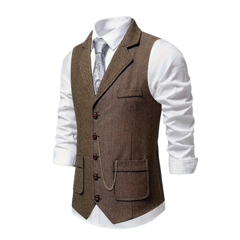 Herringbone Waistcoat for Men with Lapel and Decorative Chain, All-Season Fit