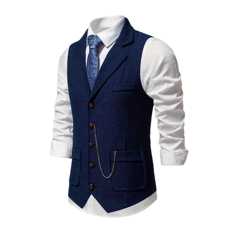 Herringbone Waistcoat for Men with Lapel and Decorative Chain, All-Season Fit