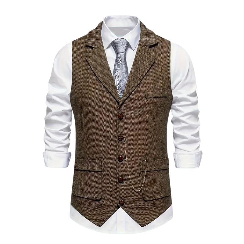 Herringbone Waistcoat for Men with Lapel and Decorative Chain, All-Season Fit