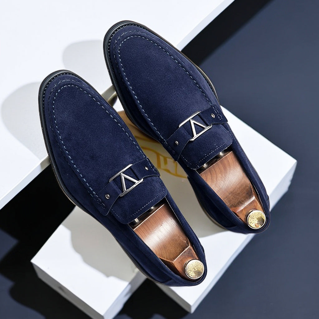 Men's Suede Loafers with Contoured Footbed and Low Heel, Slip-On Casual to Dress