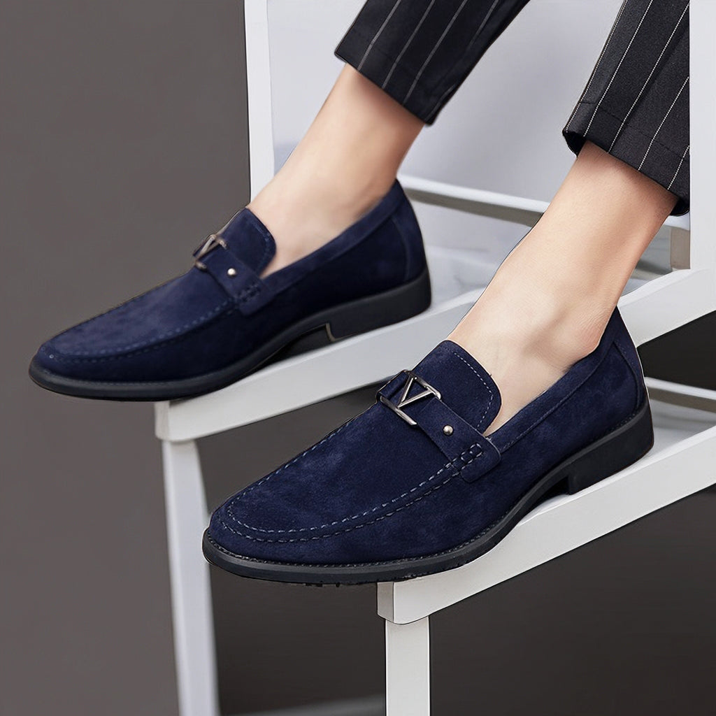 Men's Suede Loafers with Contoured Footbed and Low Heel, Slip-On Casual to Dress