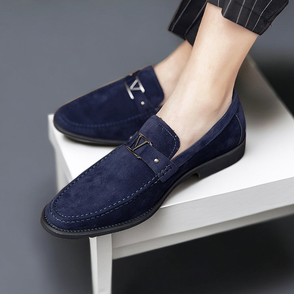 Men's Suede Loafers with Contoured Footbed and Low Heel, Slip-On Casual to Dress