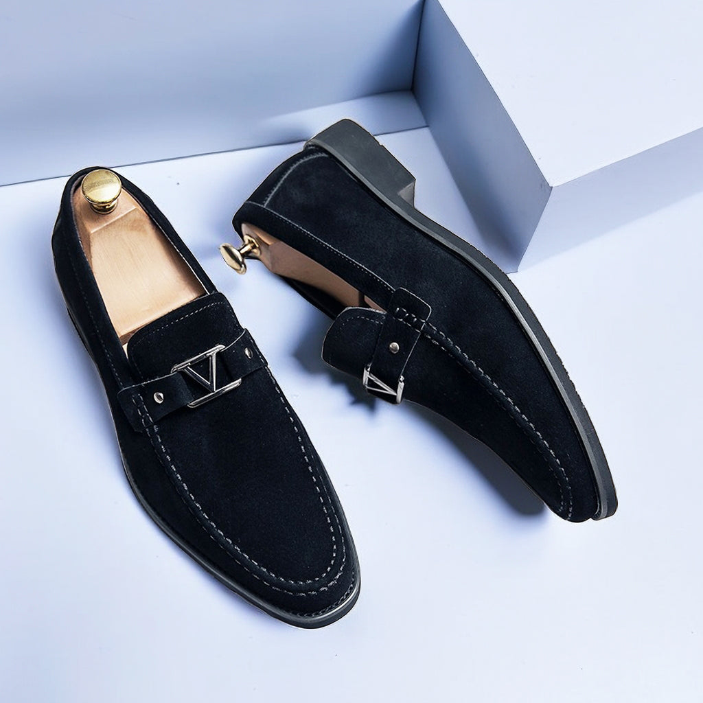 Men's Suede Loafers with Contoured Footbed and Low Heel, Slip-On Casual to Dress