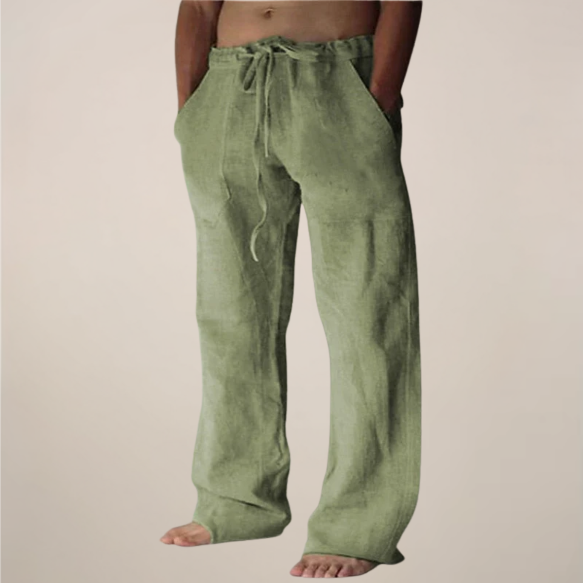 Linen Blend Relaxed Fit Trousers with Elastic Waistband and Drawstring for Men