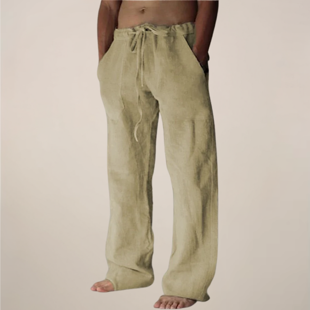 Linen Blend Relaxed Fit Trousers with Elastic Waistband and Drawstring for Men