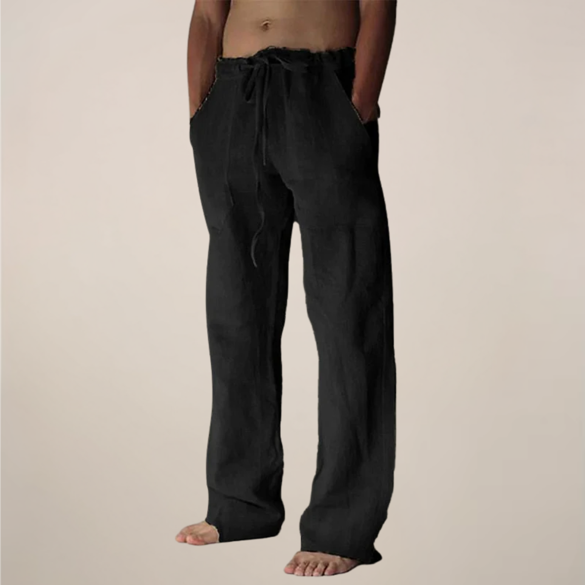 Linen Blend Relaxed Fit Trousers with Elastic Waistband and Drawstring for Men