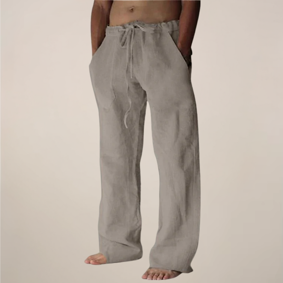 Linen Blend Relaxed Fit Trousers with Elastic Waistband and Drawstring for Men