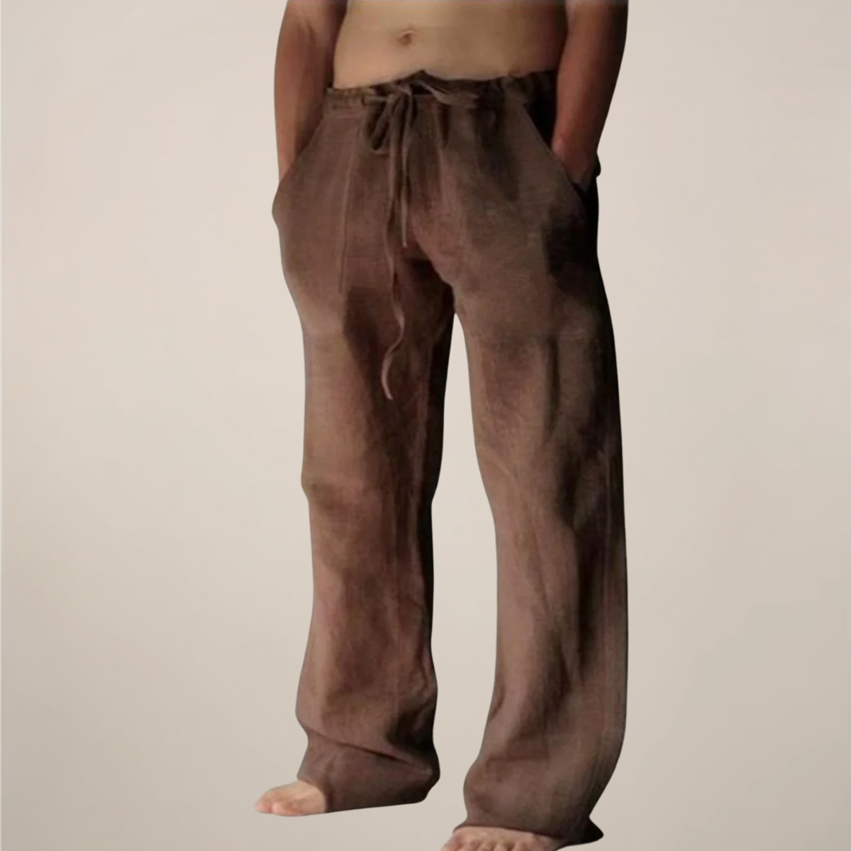 Linen Blend Relaxed Fit Trousers with Elastic Waistband and Drawstring for Men