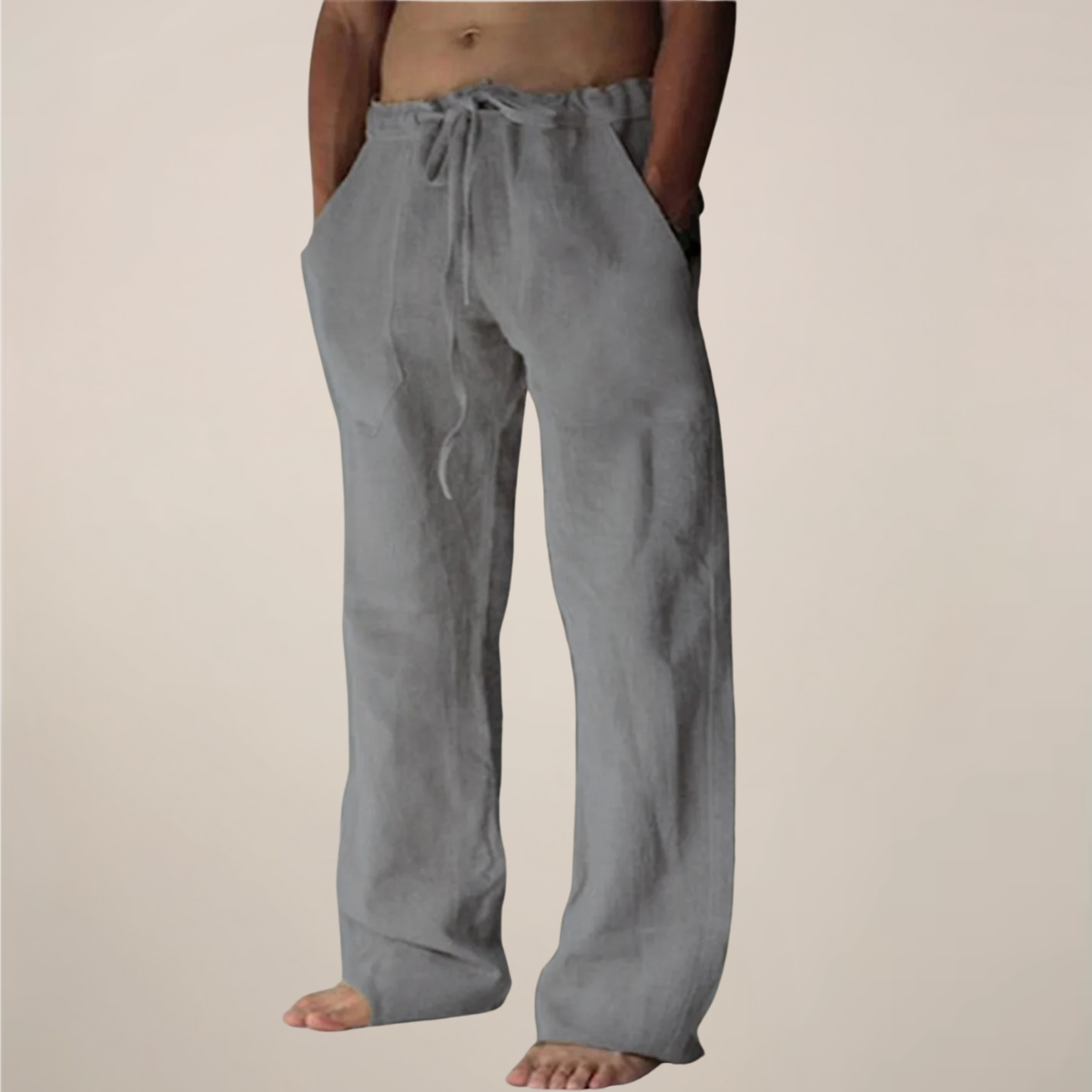 Linen Blend Relaxed Fit Trousers with Elastic Waistband and Drawstring for Men