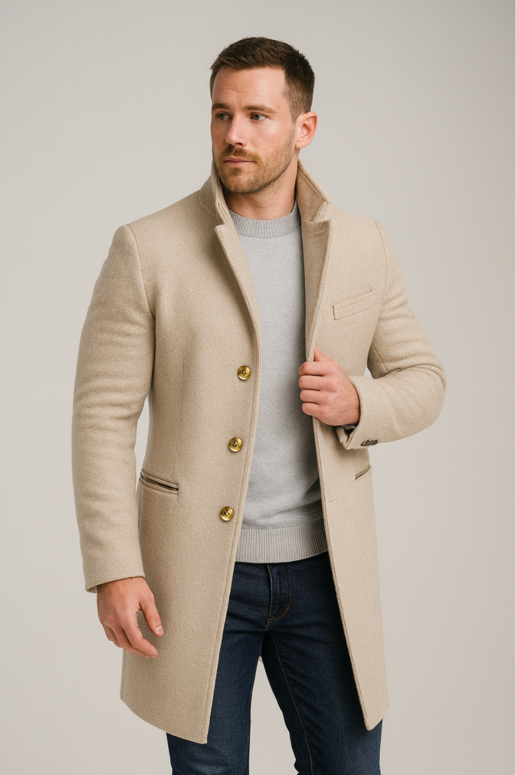 Single-Breasted Long Coat for Men with Three-Button Closure and Notch Lapels