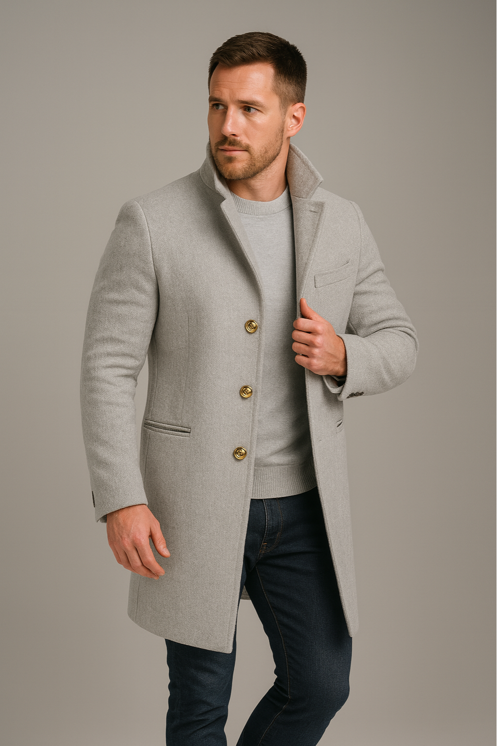 Single-Breasted Long Coat for Men with Three-Button Closure and Notch Lapels