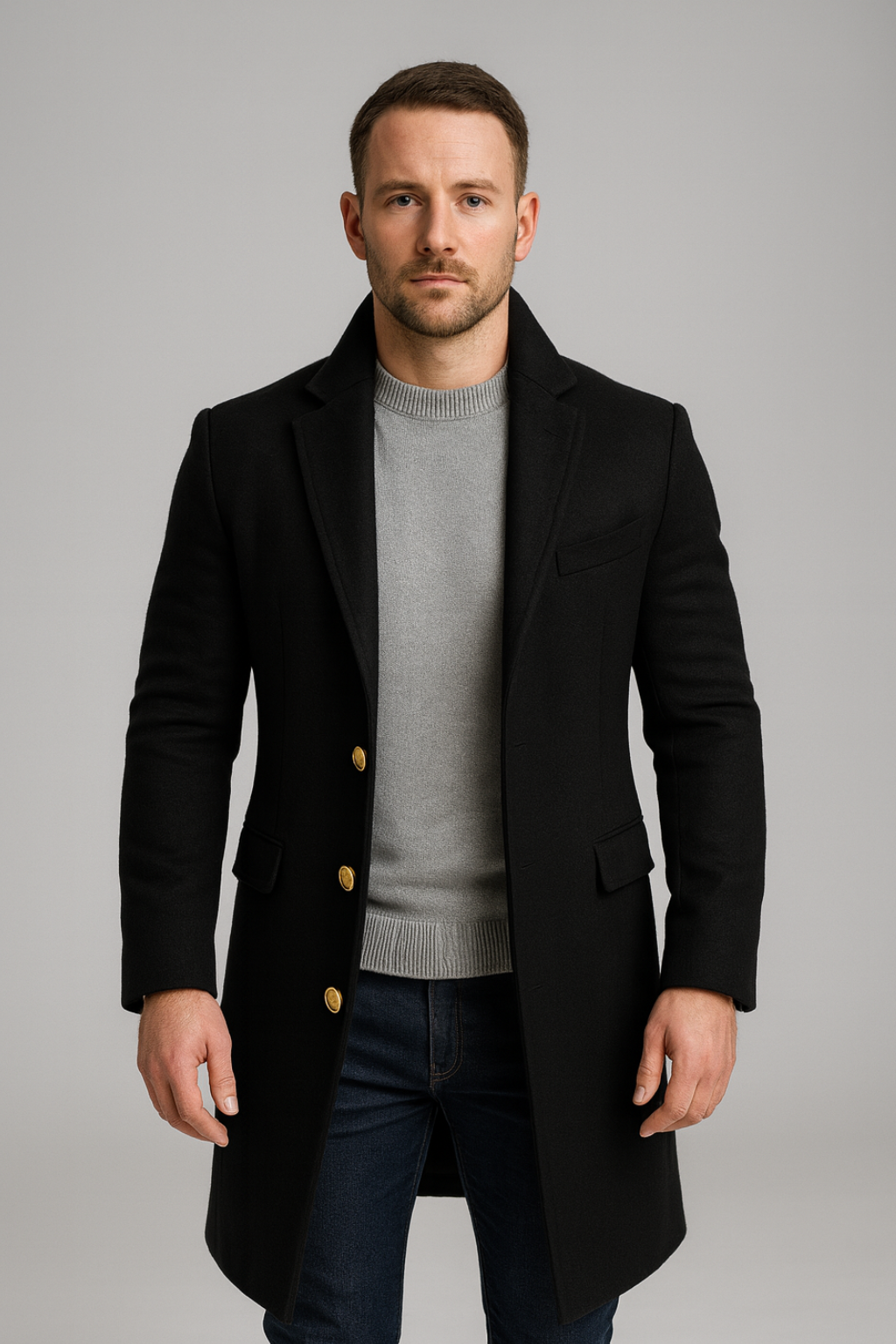 Single-Breasted Long Coat for Men with Three-Button Closure and Notch Lapels