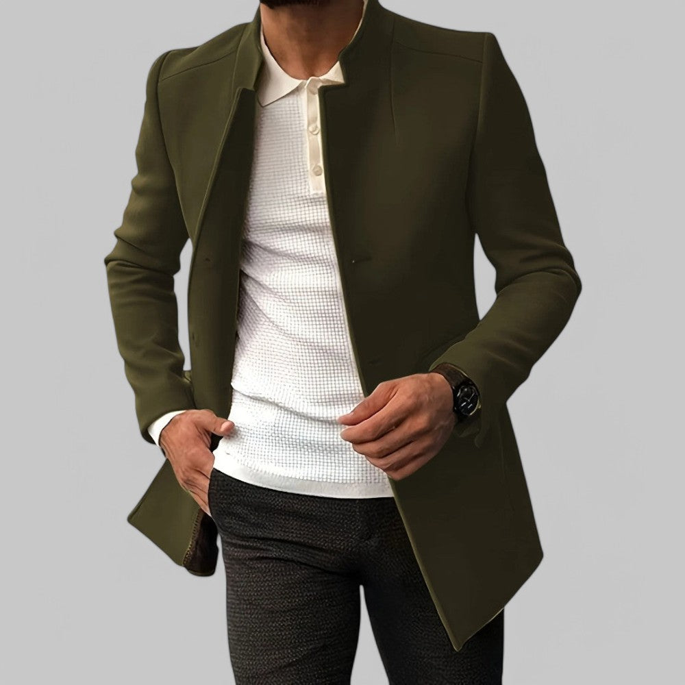 Men's Slim Coat with Concealed Button and Structured Shoulders, Wool Blend